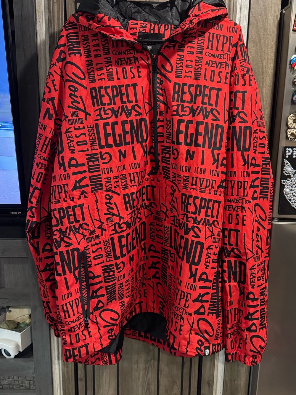 Encrypted Red Respect Windbreaker with hood.